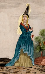 Jean de Montfortin, Bretagnen herttuan (1293-1345) vaimon muotokuva. Kaiverrus vuodelta 1859 Le Mondessa. Kaikkien kansojen historia kaukaisimmista ajoista nykypäivään." kirjoittanut M. E. de Lostalot-Bachoue (Lostalot Bachoue). PR
