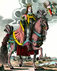 Pyhän Rooman keisarin Leopold I:n muotokuva - Leopold I:n (1640 - 1705) ratsastusmuotokuva Unkarin, Böömin, Dalmatian, Kroatian ja germaanisen keisarin kuninkaan. Kaiverrus 1600-luvulta. Yksityinen kokoelma.