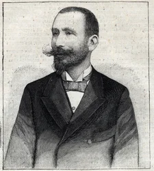 Pierre Salesin (1854? -1921?), ranskalaisen kirjailijan muotokuva. Kaiverrus "" Le Petro Parisien""