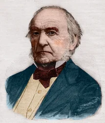 Muotokuva William Ewart Gladstonesta (1809-1898), Britannian pääministeristä ja poliitikosta. Kaiverrus "" Le petit Parisien"" vuodelta 1891. Yksityinen kokoelma.