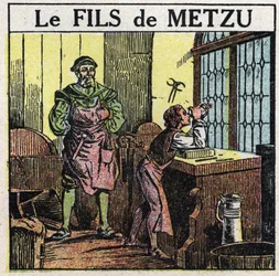 Prismat ja linssit: Metzun poika. Hollantilainen Jacob Metzu (Jacques Metius) löysi kaukoputken sattumalta vuonna 1609 katsellessaan poikaansa leikkivän koverilla ja kuperilla laseilla. Anonyymi kuvitus vuodelta 1925. Yksityiskokoelma.