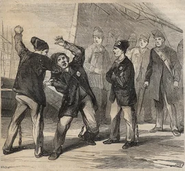 Pugilat-kohtaus Toulon Bagnessa 1800-luvulla. Pierre Zacconen (1817-1895) (1817-1895) (Colonia Penale - Penal Colony) kaiverrus kirjaan ”Vangoitujen historia heidän luomisestaan ​​nykypäivään” (1877). Yksityinen kokoelma.