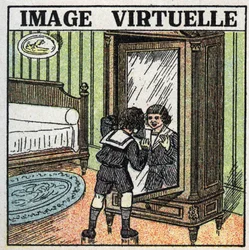 Valon heijastus: virtuaalikuva. Lapsi pohtii heijastustaan peilissä. Anonyymi kuvitus vuodelta 1925. Yksityiskokoelma.