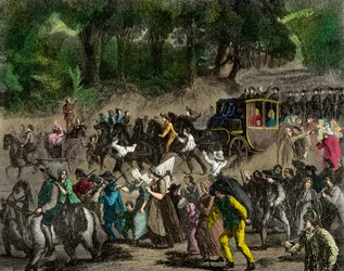 Kuninkaallisen perheen paluu Pariisiin Varennesin lennon jälkeen vuonna 1791, kaiverrus, yksityinen kokoelma