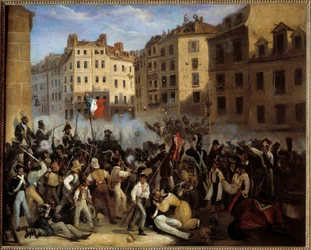 Vuoden 1830 vallankumous - "" Peruskirja tai kuolema"" (taistelu 28. heinäkuuta, luultavasti rue Saint-Antoine) - "" Episode of the Julydays 1830"". Vallankumous 1830. Anonyymi maalaus
