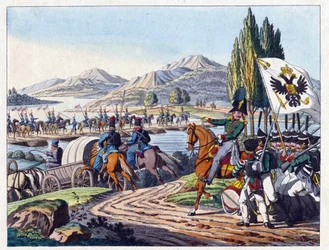 Venäjän armeija ylittää Pruth-joen Moldaviaan toukokuussa 1828 - Nimetön - 1829 - Etsaus, akvarelli - 37,9x24,4 - Yksityiskokoelma