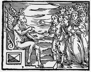 Saatana vaatii uusilta velhoilta sopimusta - "Compendium Maleficarum", käsittelee noitia, heidän pahuuttaan ja heidän lajitteluaan. Francesco Maria Guazzo tai Guaccio tai Guaccius (15? -16??) 1608 Private Collection