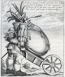 Satiiri Matthias Gallas (1584-1647) keisarillisen armeijan kenraalia vastaan 30-vuotisen sodan aikana, hänen eläkkeelle jäämisen jälkeen vuonna 1636. Kaiverrus 1600-luvulta. Yksityinen kokoelma.
