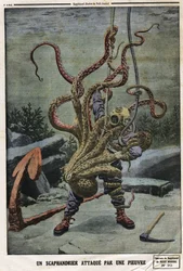 Mustekala hyökkäsi Scaphandlerin kimppuun. Kaiverrus "" Le petit Journal" -lehdessä, 16.6.1912. Yksityinen kokoelma.