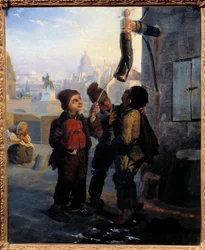 Pieni savupiippu, joka hajosi pumpun veteen Quai du Louvressa vuonna 1830 Anonyymi maalaus. 1830 Su. 0,45x0,38 m