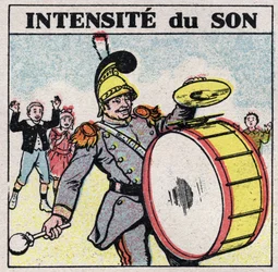 Äänienergia: voimakas ääni. Sotilasyhtyeen bassorumpu. Anonyymi kuvitus vuodelta 1925. Yksityiskokoelma.