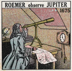 Valon nopeus: Tanskalainen tähtitieteilijä Ole Christensen Romer (Olaus Roemer) (1644-1710) tarkkailee Jupiterin satelliittien pimennystä vuosina 1675-1676 ja käyttää niitä valonnopeuden mittaamiseen. Nimetön kuvitus vuodelta 1925. Yksityinen kokoelma.