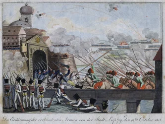 Liittoutuneiden joukkojen hyökkäys Leipzigin kaupunkiin - bataille de Leipzig ou bataille des nations (16.-19. lokakuuta 1813) - Nimetön - 1813 - Etsaus, akvarelli - 33,3x27 - Yksityiskokoelma