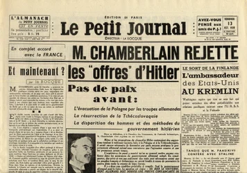 Le Petit Journal, perjantai 13. lokakuuta 1939: Neville Chamberlain (1869-1940) torjuu Adolf Hitlerin tarjoukset
