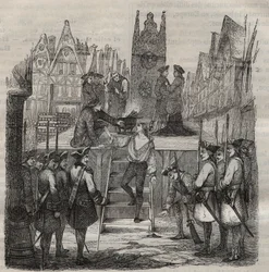 Chevalier François-Jean Lefebvre de La Barre (François Jean Lefebvre de La Barre) nousee mestauslavalle vuonna 1766. Kaiverrus Pierre Zacconen (1817-1895) teoksessa "Histoire des bagnes depuis leur création à nos jours" (1877) (rangaistussiirtola)