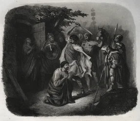 Pyhän Julianuksen dekolaatio (marttyyrikuolema). Kaiverrus vuodelta 1846 kirjassa "Pyhien elämää". Yksityinen kokoelma.
