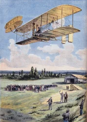 Lentävät miehet: Wilbur Wrightin (1867-1912) kokemuksia Hunaudieres-kilparadan yläpuolella, lähellä Le Mansin kaupunkia. Kaiverrus sanomalehdestä "" Le Peute Parisien"", 30.8.1908. Yksityinen kokoelma.