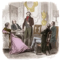 Girondinit kotona Madame Roland - Reunion des Girondins chez Madame Roland (Manon (Jeanne Marie) Roland Philipon) (1754-1793) - Kaiverrus Alphonse de Lamartinen (1790-1869) "Histoire des Girondins" -kirjaan (1790-1869) 1865 - 1865 kokoelma