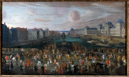 Pont Neuf nähtynä Place Dauphinen sisäänkäynniltä, Quai Malaquais ja rakenteilla oleva Neljän kansakunnan kollegio (Institut de France), Grande Galerie sekä Louvre kulkueen ohittaessa. Tuntemattoman tekijän maalaus. 1665. Mitat: 0,74 x 1,25 m.