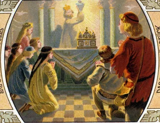 The Quest of the Holy Graal, pyhä astia, joka olisi kerännyt verta Jeesuksen Kristuksen haavoista ristiinnaulitsemisen aikana. kromolitografia 1800-luvun lopulla.