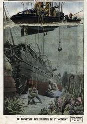 The Rescue of the Millions of the Oceana: Scaphandlers sukeltaa Eastbournessa hakemaan 18 miljoonaa metallia, jotka brittiläisen laivan piti kuljettaa Intiaan. Kaiverrus "" Le Petite Journalissa" 19.5.1912. Yksityinen kokoelma.