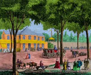 Turkkilainen kahvila Boulevard du Temple -kadulla Pariisissa vuonna 1780, kaiverrus, yksityinen kokoelma