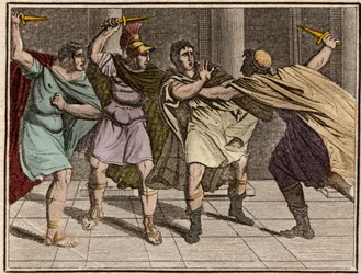 Roomalaisen valtiomiehen Julius Caesarin (Jules César - Giulio Cesare tai Gaius Julius Caesar) murha 15. maaliskuuta 44 eaa. - kaiverrus teoksesta Nuorison Rollin eli valikoituja katkelmia antiikin ja Rooman kertomuksista, 1816 - yksityiskokoelma