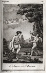 Rakkauden lapsuus. Kaiverrus vuodelta 1819 Charles Albert Demoustier