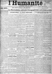 Vallankaappaus Venäjällä sosialistisen sanomalehden "Humanity" otsikoissa. Otsikot: "Mestarit Maximalistit Petrogradissa", "" Kerenski talletettiin""" (Kerenski), 11.9.1917.