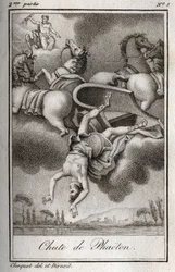 Phaetonin putoaminen Phaeton (Phaethon), joka ei kyennyt hallitsemaan Helios-tankkia, osui Zeusin ja putosi Eridan-jokeen. Kaiverrus vuodelta 1819 Charles Albert Demoustier