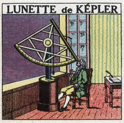 Ensimmäiset optiset instrumentit: Johannes Keplerin (Keppler) (1571-1630) tähtitieteellinen kehys, joka keksittiin noin 1615. Nimetön kuvitus vuodelta 1925. Yksityinen kokoelma.