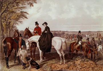 Ketun metsästys, kohtaaminen Cavalier kiipeää Amazoniin. Nimetön 1800-luvun litografia. Yksityinen kokoelma