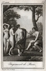 Pariisin tuomio Paimen Parisin on valittava, kenelle hän antaa kultaisen omenan, joka suunnittelee kolmesta jumalattaresta kauneimman, Athenan, Afroditen tai Heran. Kaiverrus vuodelta 1819 Charles Albert Demoustierin kirjaan "Lettres a Emilie sur la mythol