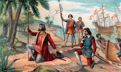 Christopher Columbuksen (Christopher Columbus, Cristoforo Colombo, Cristobal Colon) (1451-1506) laskeutuminen uuteen maailmaan