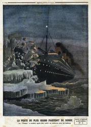 "" Maailman suurimman linja-auton menetys: "Titanic" on pimeä törmättyään jäävuoreen", kaiverrus "" Le Petit Journal" -lehdessä, 28.4.1912
