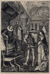 Giulia Farnesen ja Orsino Orsinin häät Rodrigo Borgian talossa 1489 - kaiverrus Oscar Pion teoksesta "Lucrezia Borgia" - 1883