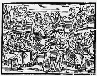 Noitien ateria sapattina - “Compendium Maleficarum”, käsittelee noitia, heidän pahuuttaan ja lajittelujaan. Francesco Maria Guazzo tai Guaccio tai Guaccius (15?? -16??) 1608 Private Collection