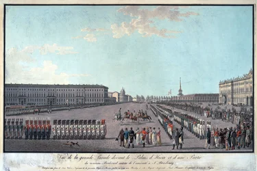Paraati Talvipalatsin edessä Pietarissa - Nimetön - 1799 - Etsaus, akvarelli - 65x95,6 - Yksityiskokoelma