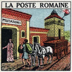 Viesti: Rooman posti. "Mutationes", paikka, jossa voitiin vuokrata postiin käytettäviä hevosia, nimeltään "" curriculum publicus". Anonyymi kuvitus vuodelta 1925. Yksityiskokoelma.