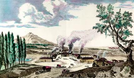 Kuninkaallinen valimo Creusotissa (Saone ja Loire) vuonna 1787 Se valmisti muun muassa Ranskan armeijan aseistusta. Kaiverrus 1700-luvulta. Yksityinen kokoelma