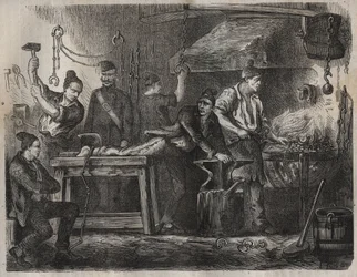 Siirto Toulon Bagneen 1800-luvulla. Pierre Zacconen (1817-1895) (1817-1895) (Colonia Penale - Penal Colony) kaiverrus kirjaan ”Vangoitujen historia heidän luomisestaan ​​nykypäivään” (1877). Yksityinen kokoelma.