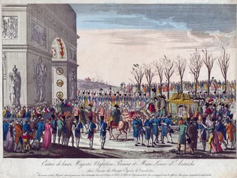 Napoleonin ja Marie-Louisen hääkulkue Champs Elysees -kadulla 2. huhtikuuta 1810 - Anonyymi - 1810 - Etsaus, akvarelli - 35,3x45,7 - Yksityiskokoelma