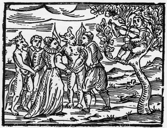 Noidat lepopäivänä tanssimassa viulun äänen tahtiin - “Compendium Maleficarum”, kertoo noidista, heidän pahuudestaan ja heidän lajitteluistaan. Francesco Maria Guazzo tai Guaccio tai Guaccius (15?? -16??) 1608 Private Collection
