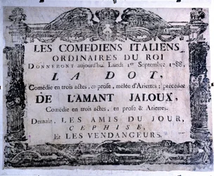 Teatterijuliste, joka esittelee italialaisten koomikoiden esittämiä teoksia "Piste" ja "The jealous lover", 1.9.1788. Pariisi. Carnavalet-museo