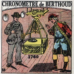 Aika: Ferdinand Berthoudin (1727-1807) vuonna 1760 keksimä merikronometri. Nimetön kuvitus vuodelta 1925. Yksityinen kokoelma.
