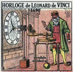 Aika: Leonard de Vincin (Leonardo da Vinci) (1452-1519) vuonna 1490 keksimä painokello. Se korvaa lehtisen pystytasalla. Anonyymi kuvitus vuodelta 1925. Yksityiskokoelma.