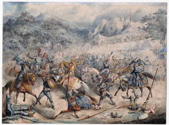 Tournoi (Moyen-ikä) - Ratsastavien ritarien turnaus - Nimetön - 1840 - Värilitografia - 20,3x30,5 - Yksityiskokoelma