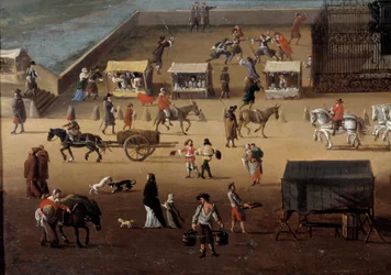 Liikenne Pont Neufilla Pariisissa 1600-luvulla Yksityiskohta. Anonyymi maalaus. Pariisi, Musee Carnavalet