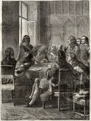 Rijswijkin rauha (Rijswijkin rauha, 30. lokakuuta 1697) (Ludvig XIV:n ja suuren liittokunnan välisen Augsburgin liigan sodan päättyminen). 1800-luvun kaiverrus. Yksityiskokoelma.