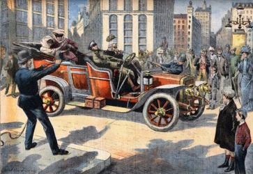 Epätavalliset Yhdysvaltain poliisin menetelmät nopeutta ajavien kuljettajien pidättämisessä kiihottavat autoaan ajaessaan. Kaiverrus sanomalehdestä "" Le Petro Parisien"", 31.5.1908. Yksityinen kokoelma.